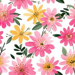 Beautiful Floral Painting Seamless Pattern With Pink And Yellow Watercolor Flowers