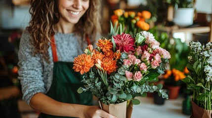 Fototapeta premium Joyful florist arranging vibrant bouquet in flower shop filled with natural beauty and fresh blooms for seasonal celebration