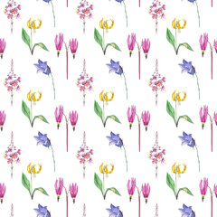 Flowers seamless repeating pattern featuring delicate hand-painted illustrations Digital paper Perfect for fabric design, stationery, wallpapers, packaging, and digital backgrounds.