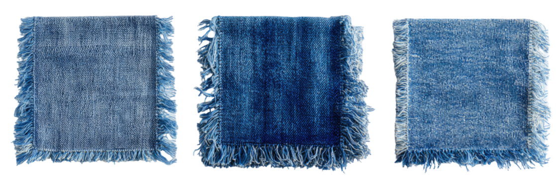 Three denim squares with varying shades of blue, fringed edges