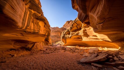 A stunning narrow desert canyon with towering, layered sandstone walls and a rocky floor. Warm earthy tones under a bright blue sky evoke ancient majesty and rugged adventure, ideal for nature, travel