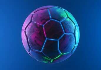 Naklejka premium Glowing futuristic soccer ball with purple and teal gradient colors on blue background for digital sports concepts