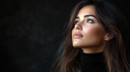 Naklejka premium Woman looking up, dark background, beauty portrait, for cosmetics ads