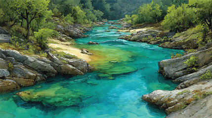 Naklejka premium A river flows through verdant trees and boulders in this painting