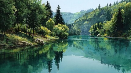 Obraz premium A river painting surrounded by trees on either side and a mountain in the background