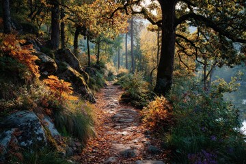 Path through autumn woods, golden leaves on ground, soft morning sunlight, tranquil nature view