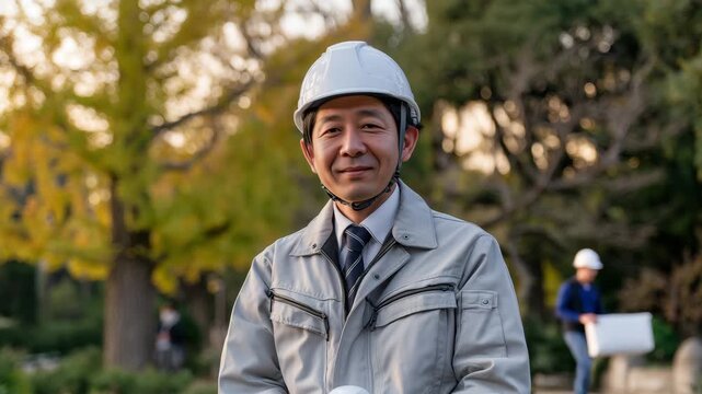 秋の公園で防寒作業服の日本人男性