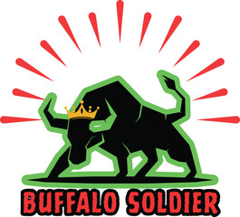 Strong buffalo soldier vector illustration with crown and sunbeams isolated style design