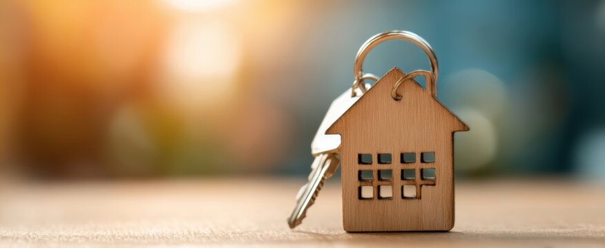 The wooden house keychain with silver keys on a sunlit wooden surface