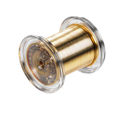 Close-up of a gold-toned fishing line reel.  Transparent components surrounding the spool