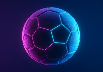 Futuristic soccer ball with vibrant neon pink and blue lighting effects against dark background, modern sports and technology concept