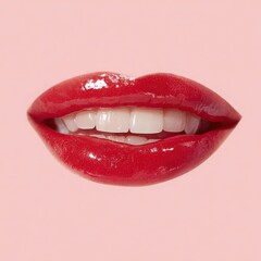 Obraz premium Close-up of glossy red lips with white teeth against a soft pink background. The lips are well-defined and shiny, showcasing a vibrant color.