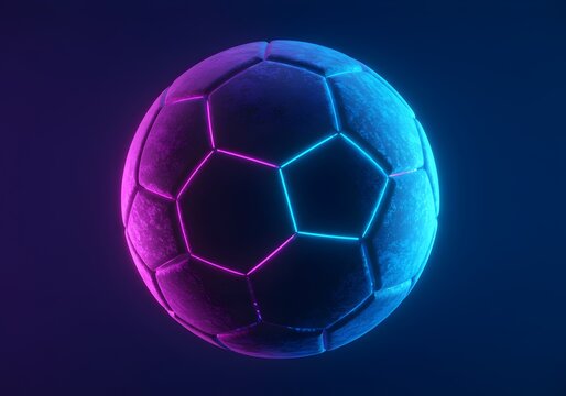 Futuristic soccer ball with vibrant neon pink and blue lighting effects against dark background, modern sports and technology concept - Powered by Adobe