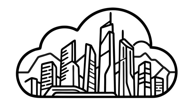 Urban Silhouette in Cloud: A stark monochrome silhouette showcases a vibrant cityscape, encapsulated within the shape of a cloud, representing an aspirational look at the future. 