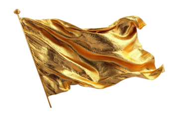A golden flag billows dramatically in the wind, its rich fabric captured in a 3D rendering