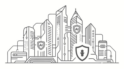Fototapeta premium Secure AI Cityscape: Depicts a digitally enhanced cityscape safeguarded by artificial intelligence, symbolizing smart urban development. Focus on advanced technology and secure digital networks.