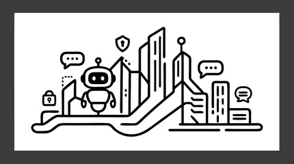 Naklejka premium Cybernetic City: An illustration of a futuristic cityscape intertwines with AI technology and data security