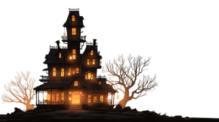 Haunted mansion silhouette with glowing windows, isolated on white background, HD realistic