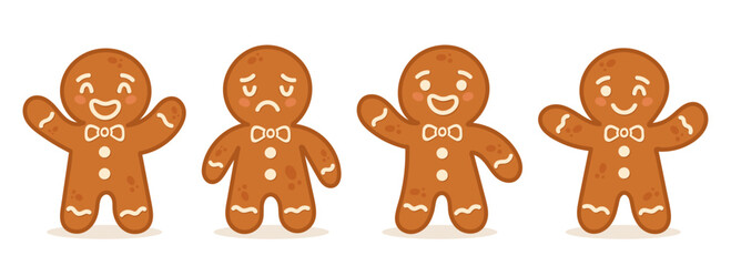 Set of cute gingerbread man character cookies with different emotions. Christmas holiday cartoon vector illustration isolated on white background.