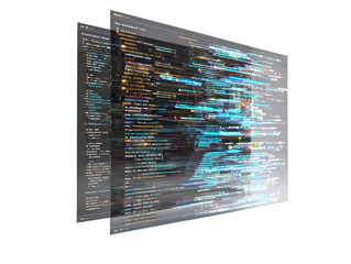 Two overlapping computer screens displaying a multitude of lines of code, appearing almost holographic or translucent