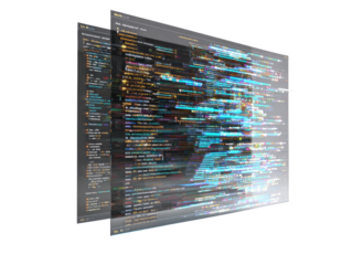 Two overlapping computer screens displaying a multitude of lines of code, appearing almost holographic or translucent