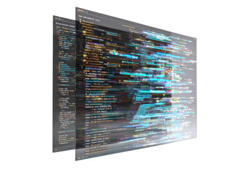 Two overlapping computer screens displaying a multitude of lines of code, appearing almost holographic or translucent