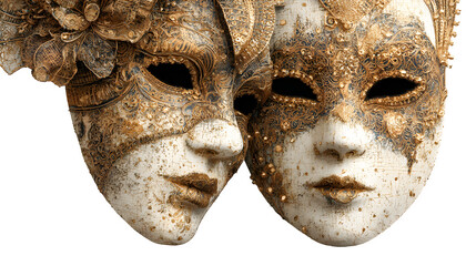 Masquerade ball invitation with elegant masks, isolated on white background