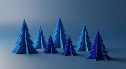 Abstract blue origami paper trees on gradient background