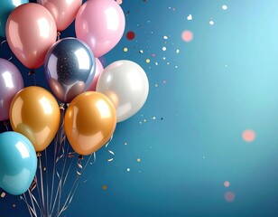 Colorful balloons floating with falling confetti on blue background