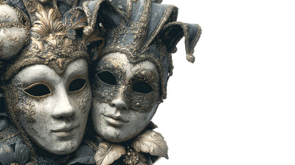 Masquerade ball invitation with elegant masks, isolated on white background