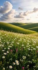 Idyllic spring landscape with blooming wildflowers and rolling green hills under cloudy sky