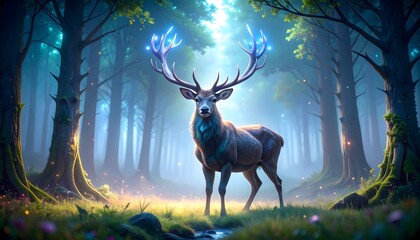 Majestic stag with glowing antlers stands in a mystical forest clearing