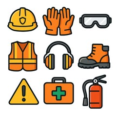 Essential safety equipment icons for workplace protection and security