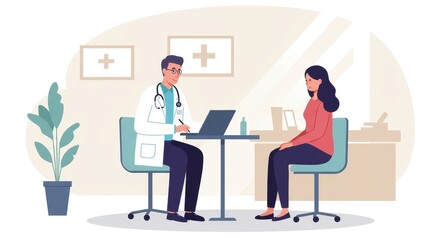 A compassionate physician consults with a patient in a modern, sterile office setting, using a laptop. Depicting the patient's well-being and health, offering care.