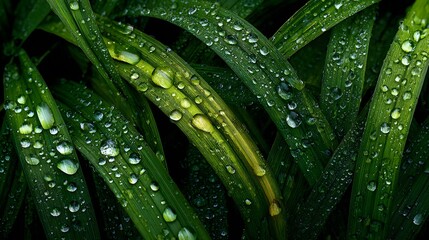 Top-down, macro photograph of a lush, green lawn after a morning shower. Many blades of grass are jeweled with sparkling, clear dew drops of water.
