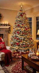 Elegant christmas living room with decorated tree and cozy fireplace ambiance
