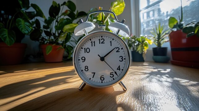 Vintage Alarm Clock on Wooden Table Surrounded by Houseplants in Bright Sunlit Room