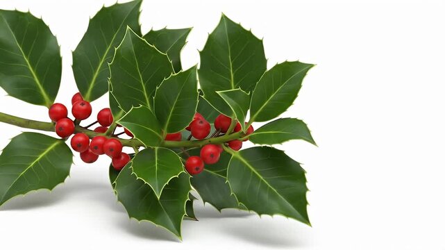 Branch of holly with bright green leaves and shiny red berries on a white background