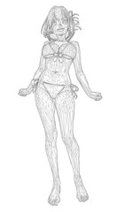 A wireframe sketch of a bikini-clad girl, minimalist line art with clean strokes and digital style.