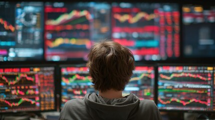 Fototapeta premium A person sits before multiple screens, surrounded by data on a wall