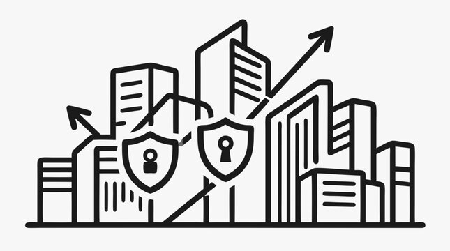 Secure City: A stylized illustration of a city skyline protected by a shield featuring a lock, with growth arrows indicating urban and infrastructural expansion.