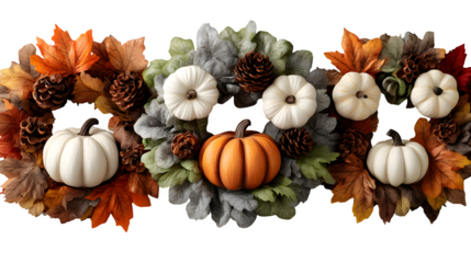 Group of 3 autumn wreaths with pumpkins, isolated on white background