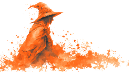 Minimal line art witch hat filled with orange watercolor wash isolated on white background