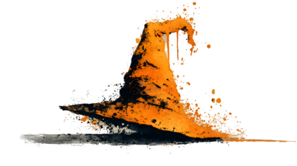 Minimal line art witch hat filled with orange watercolor wash isolated on white background