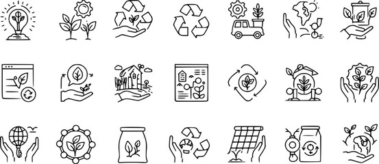 Eco-Friendly Business and Green Marketing: 40 Thin Line Icons Set with Editable Stroke. Perfect for Sustainability, Recycling, Organic and Environmentaly Friendly Products