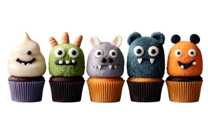Set of 5 Halloween cupcakes with monster faces, isolated on white background