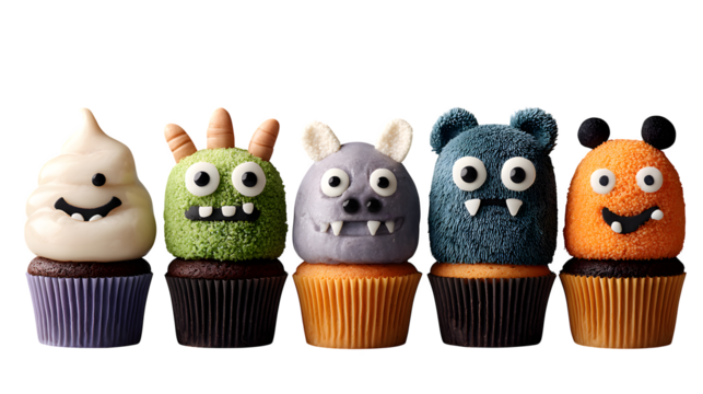 Set of 5 Halloween cupcakes with monster faces, isolated on white background