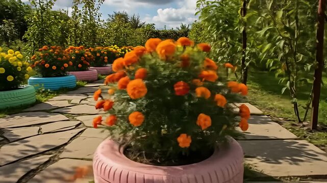 Stone path lined with colorful tire planters full of bright marigold flowers