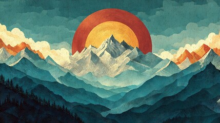   A painting of a mountain range with a red sun in the center of the sky and mountains in the background