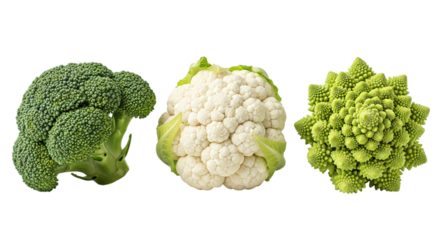Broccoli, cauliflower and romanesco isolated on transparent background